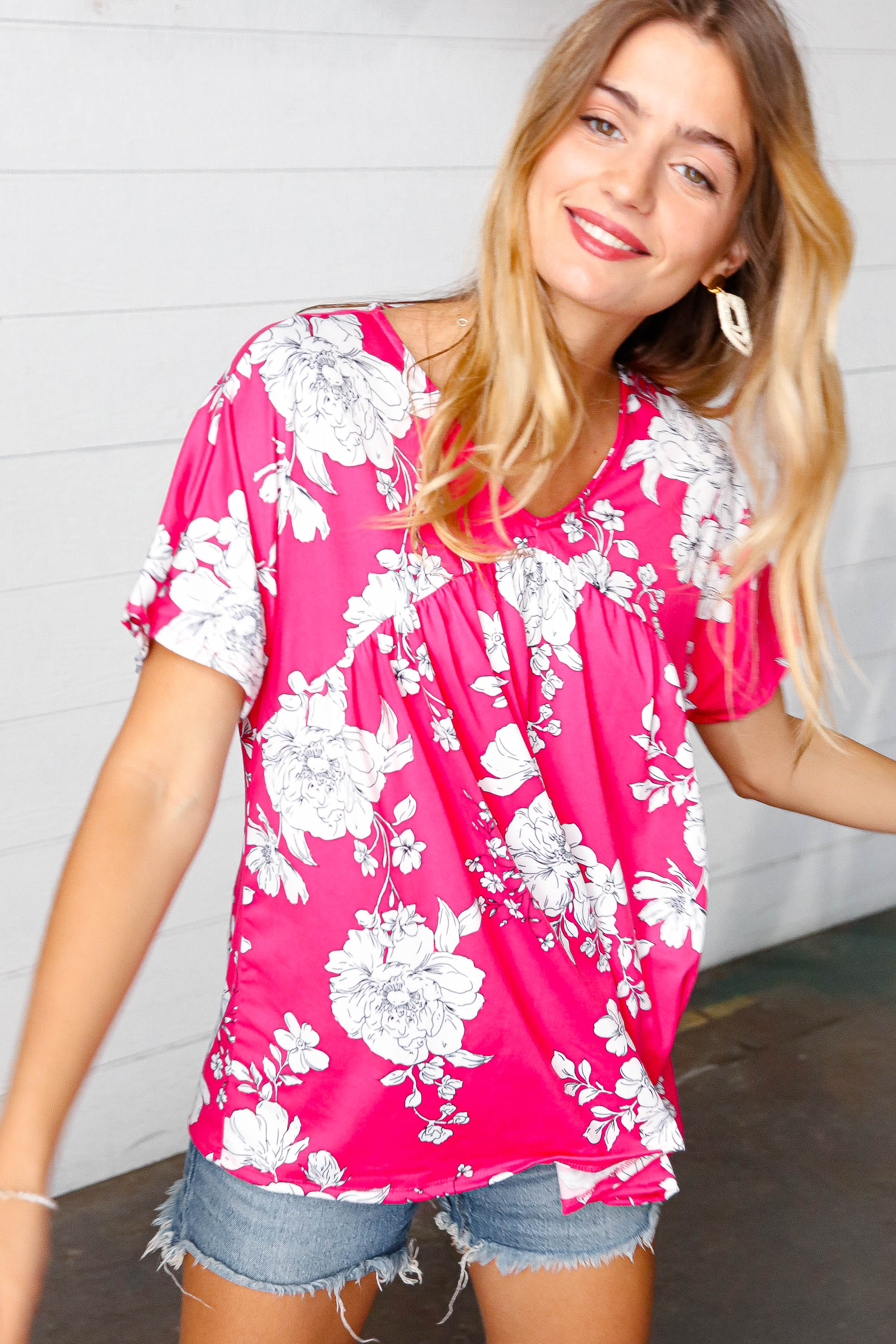 Fuchsia Floral V Neck Dolman Top (Open Pack) - Image 8
