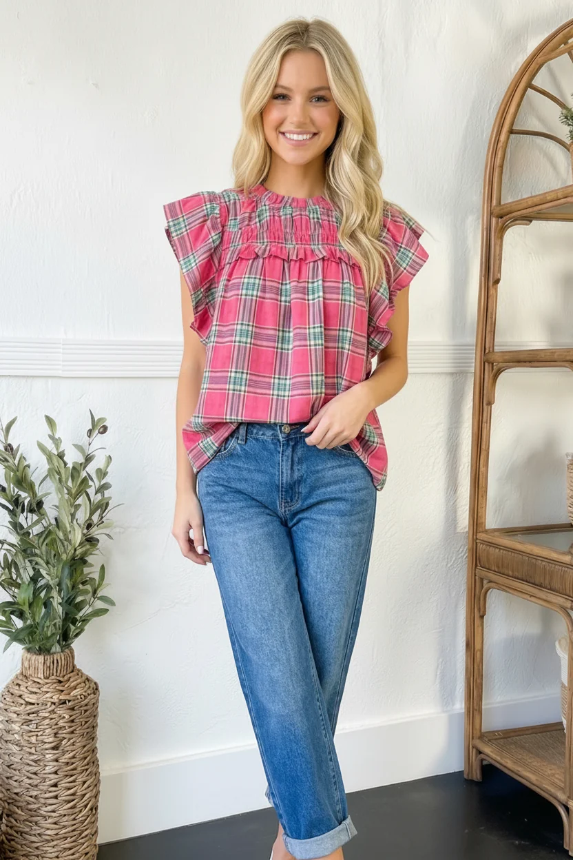 FUCHSIA FLUTTER RUFFLE SHORT SLEEVE PLAID CHECK WOVEN - Image 4