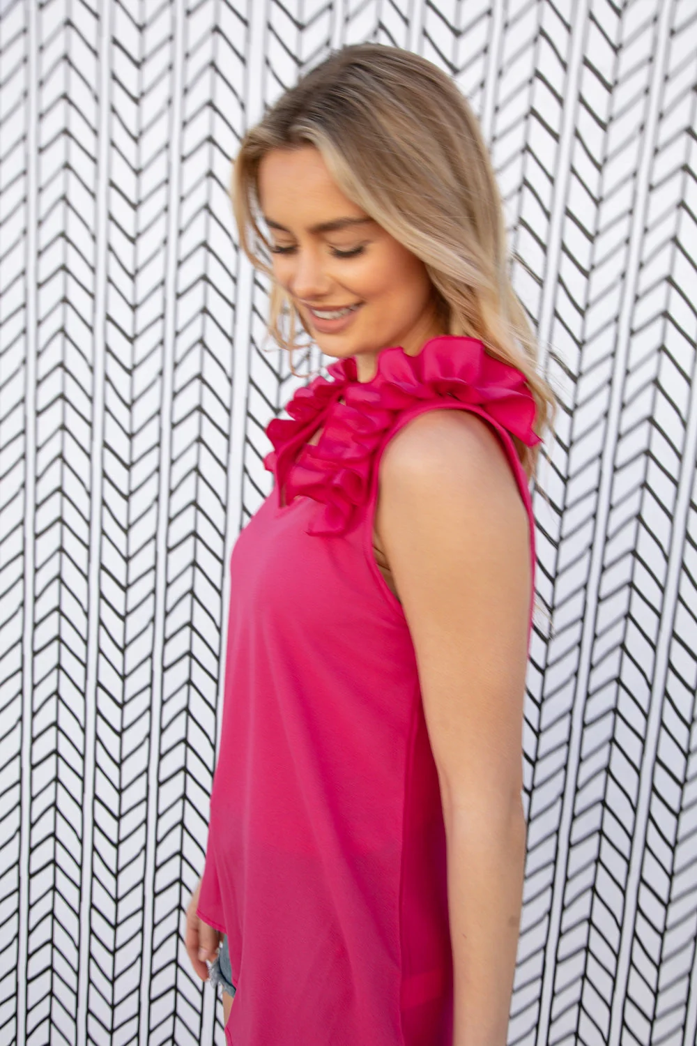 Fuchsia Frill Shoulder Sleeveless Crepe Woven Top - Image 3