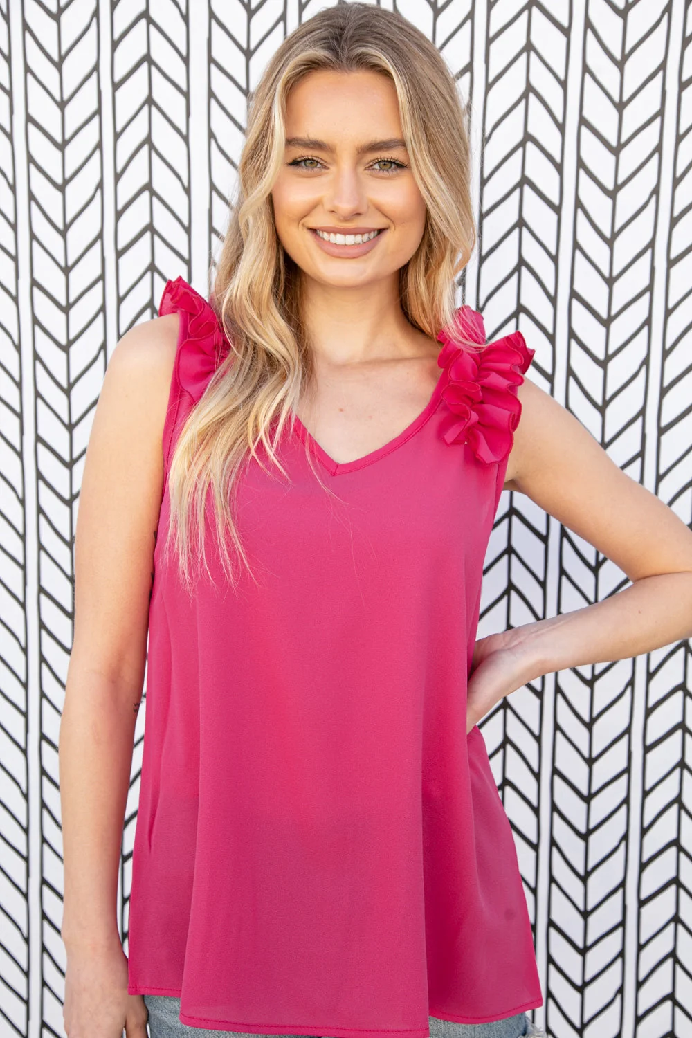 Fuchsia Frill Shoulder Sleeveless Crepe Woven Top - Image 4