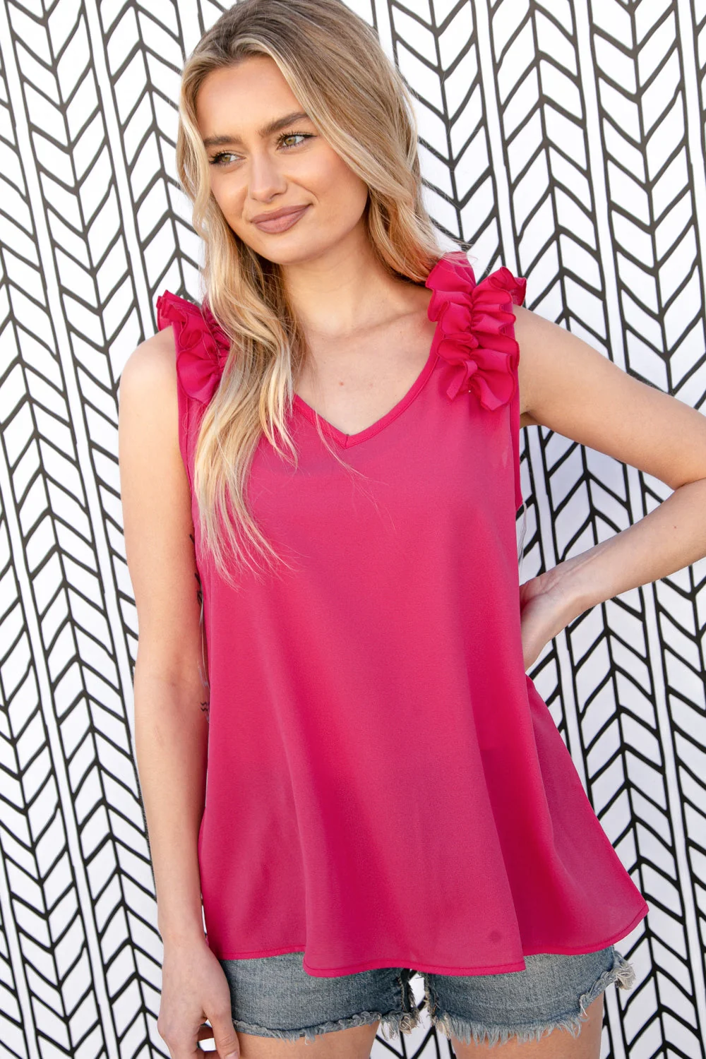 Fuchsia Frill Shoulder Sleeveless Crepe Woven Top - Image 8
