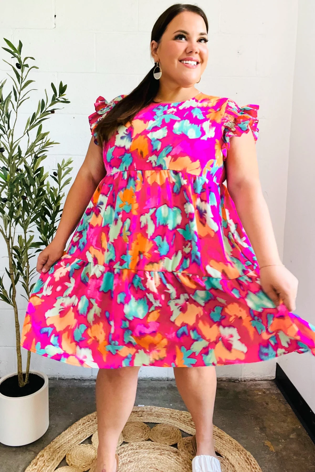 Look of Love Fuchsia Abstract Floral Print Smocked Ruffle Sleeve Dress (Open Pack) - Image 10