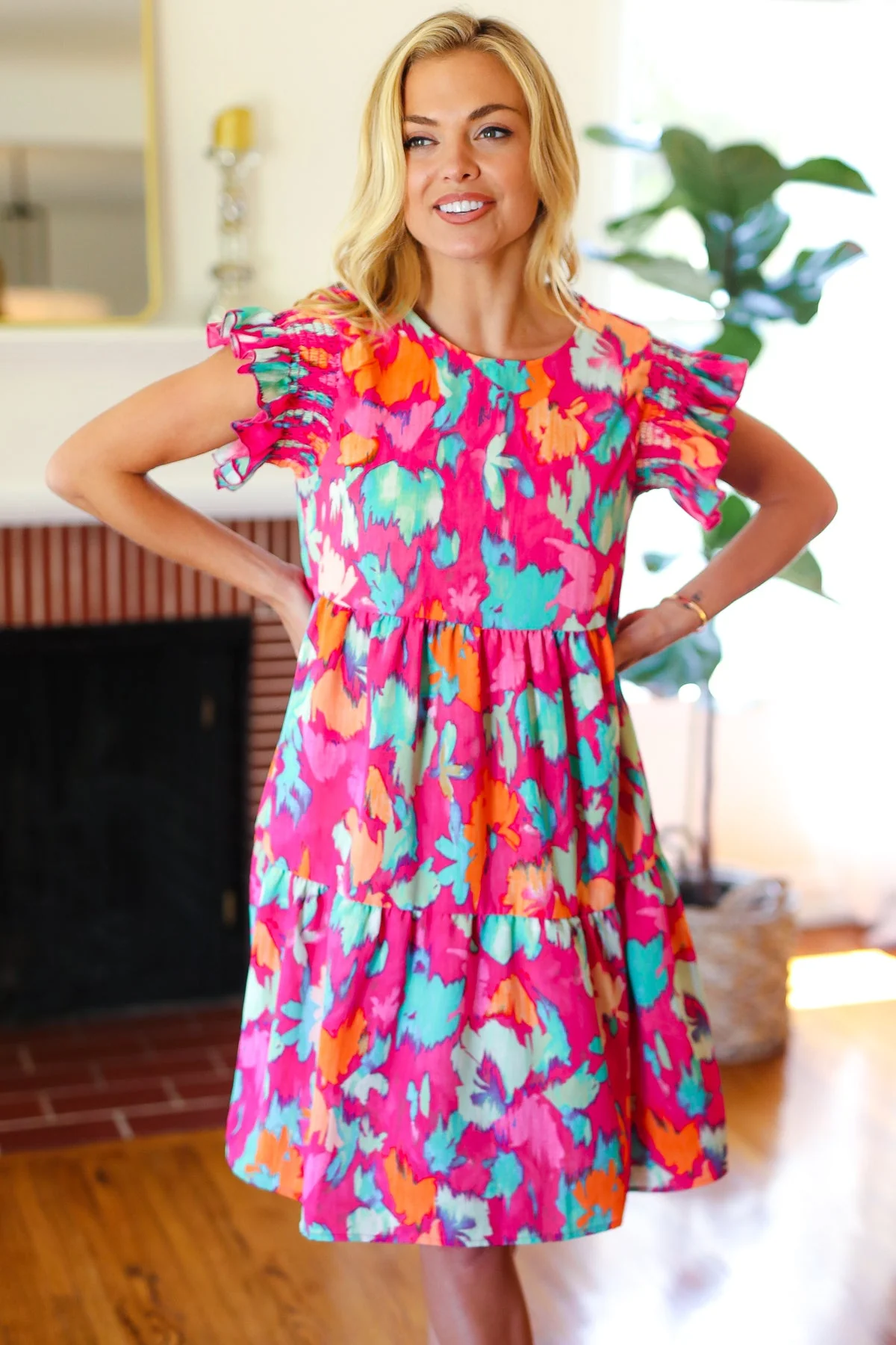 Look of Love Fuchsia Abstract Floral Print Smocked Ruffle Sleeve Dress (Open Pack) - Image 11