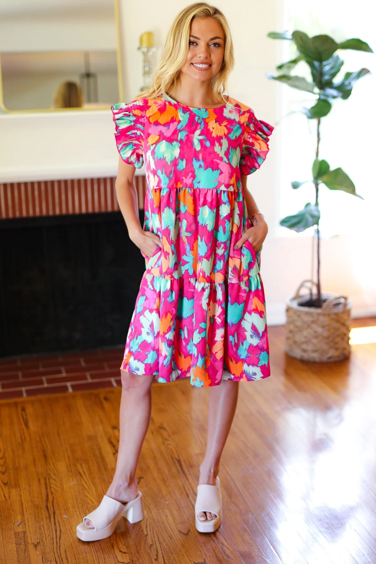 Look of Love Fuchsia Abstract Floral Print Smocked Ruffle Sleeve Dress (Open Pack) - Image 14