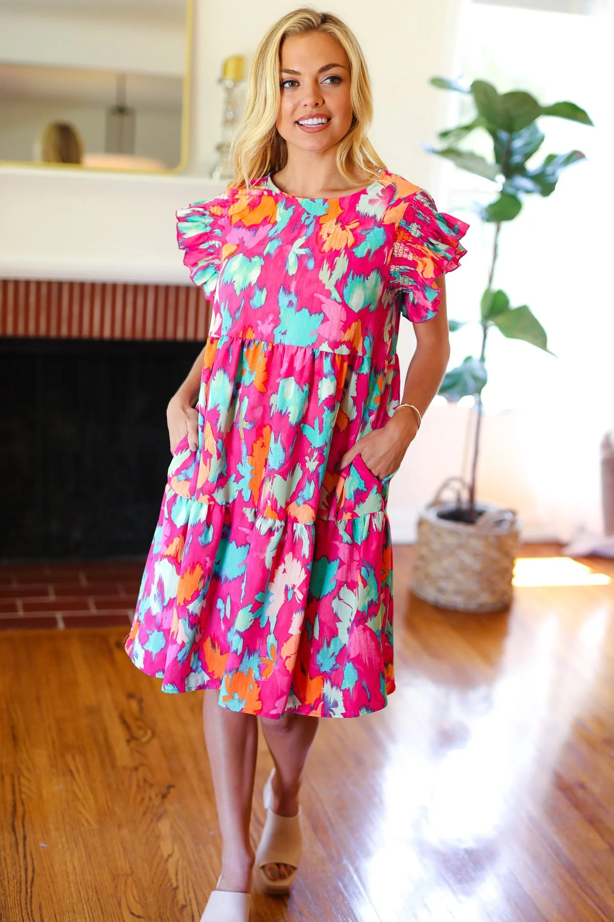 Look of Love Fuchsia Abstract Floral Print Smocked Ruffle Sleeve Dress (Open Pack) - Image 16