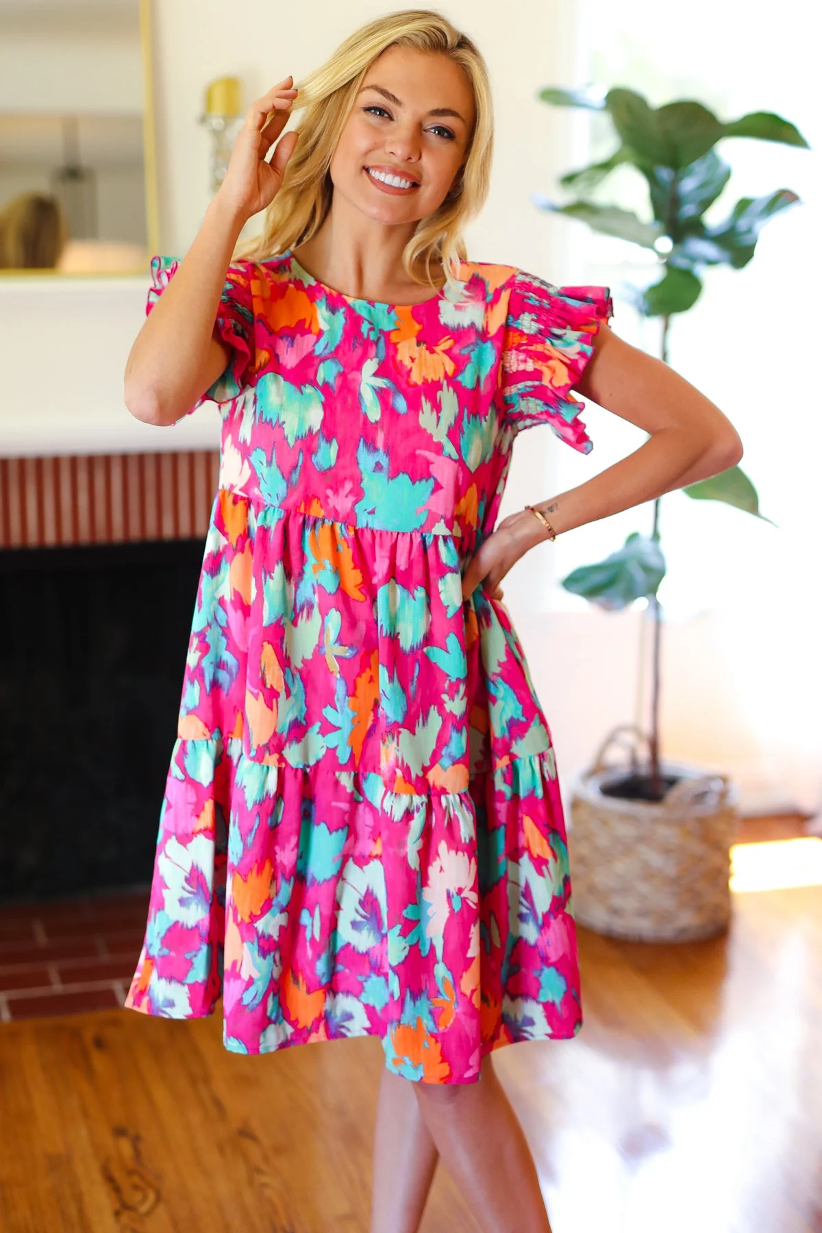 Look of Love Fuchsia Abstract Floral Print Smocked Ruffle Sleeve Dress (Open Pack) - Image 17