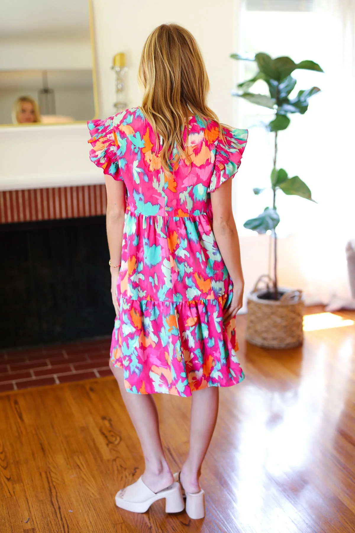 Look of Love Fuchsia Abstract Floral Print Smocked Ruffle Sleeve Dress (Open Pack) - Image 4