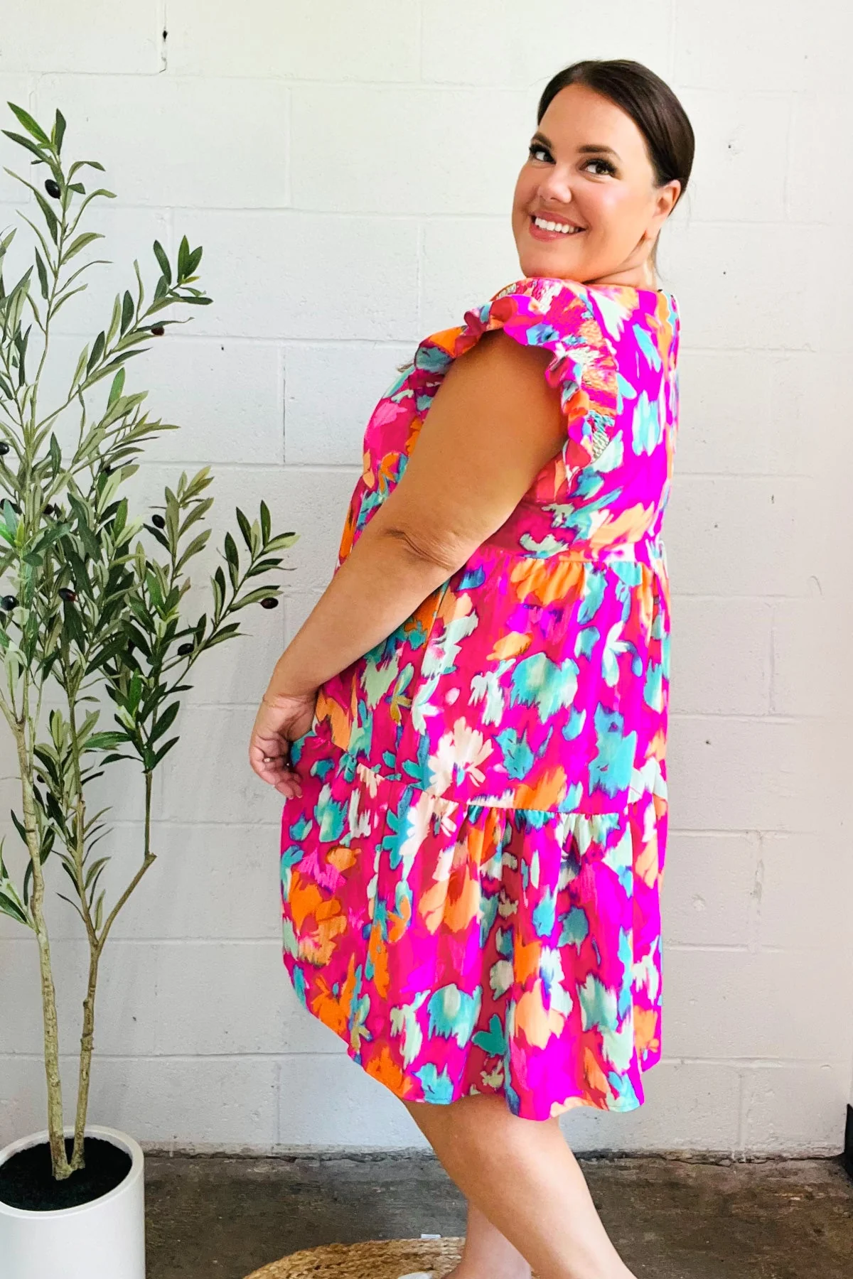Look of Love Fuchsia Abstract Floral Print Smocked Ruffle Sleeve Dress (Open Pack) - Image 6