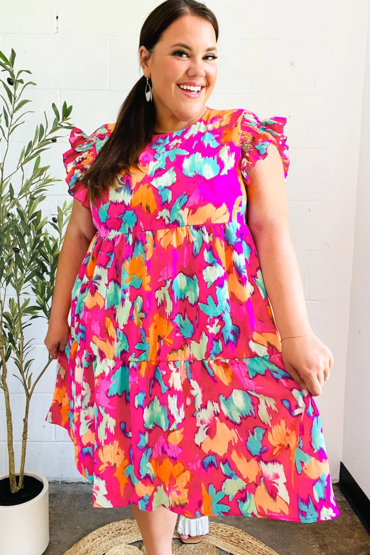 Look of Love Fuchsia Abstract Floral Print Smocked Ruffle Sleeve Dress (Open Pack) - Image 8