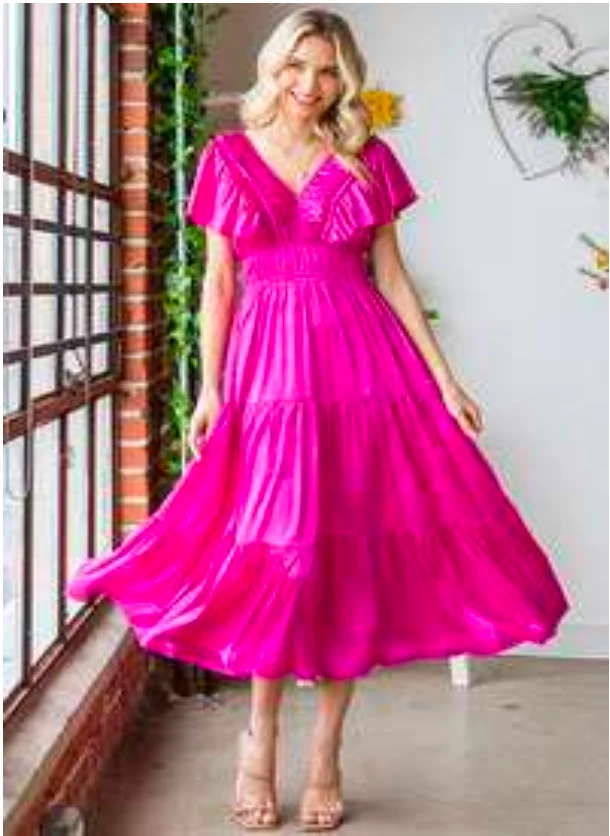FUCHSIA PLEATED RUFFLE MAXI DRESS