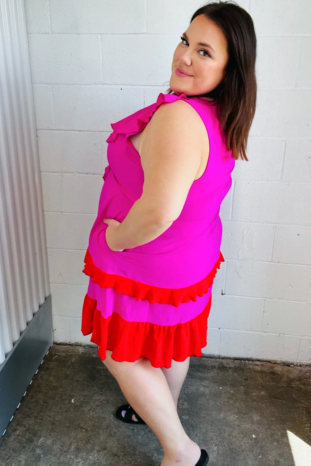 Fuchsia Ruffle V Neck Crepe Tiered Midi Dress (Open Pack) - Image 3