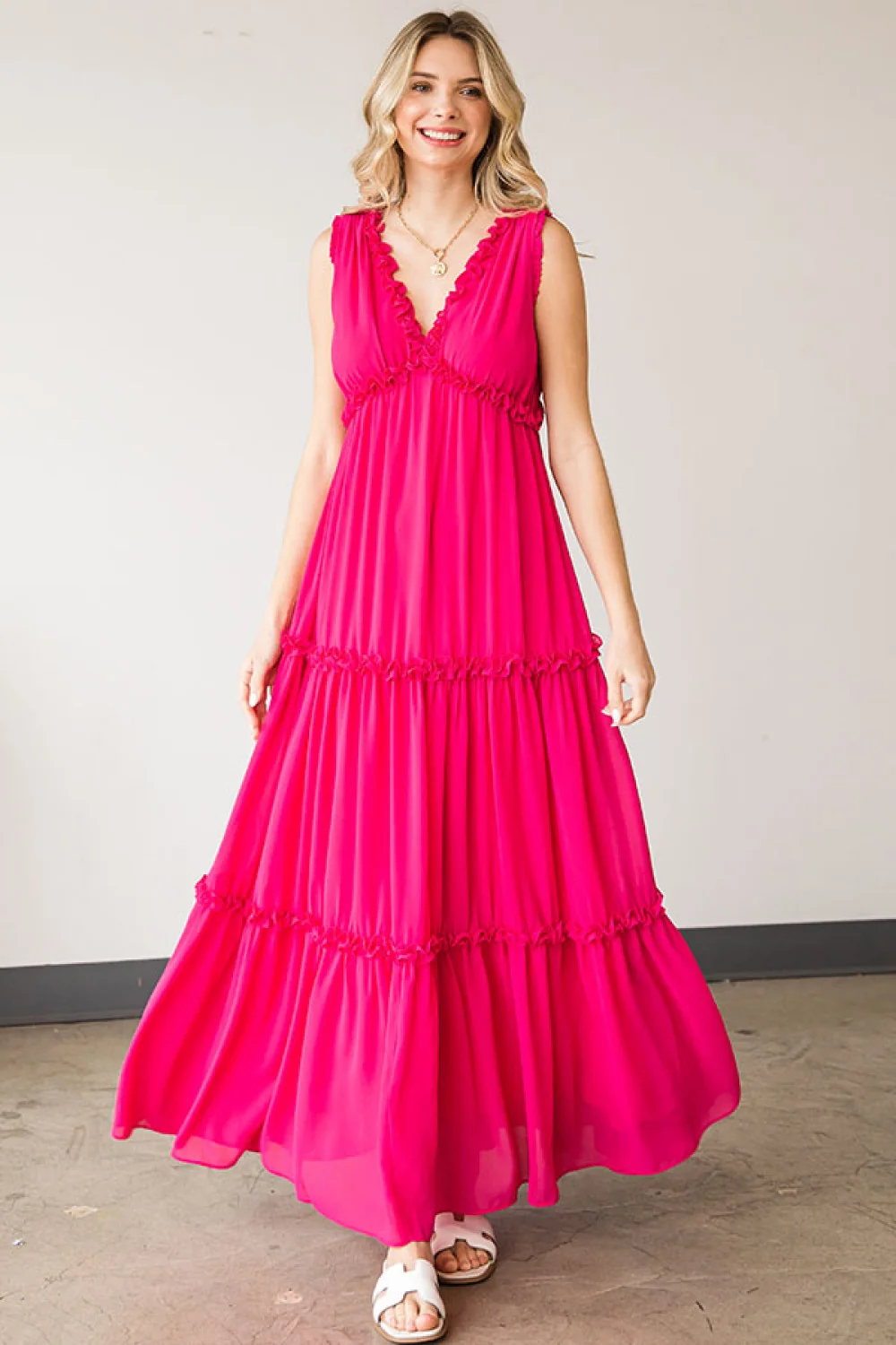 FUCHSIA RUFFLE WOVEN LINED DRESS - Image 8