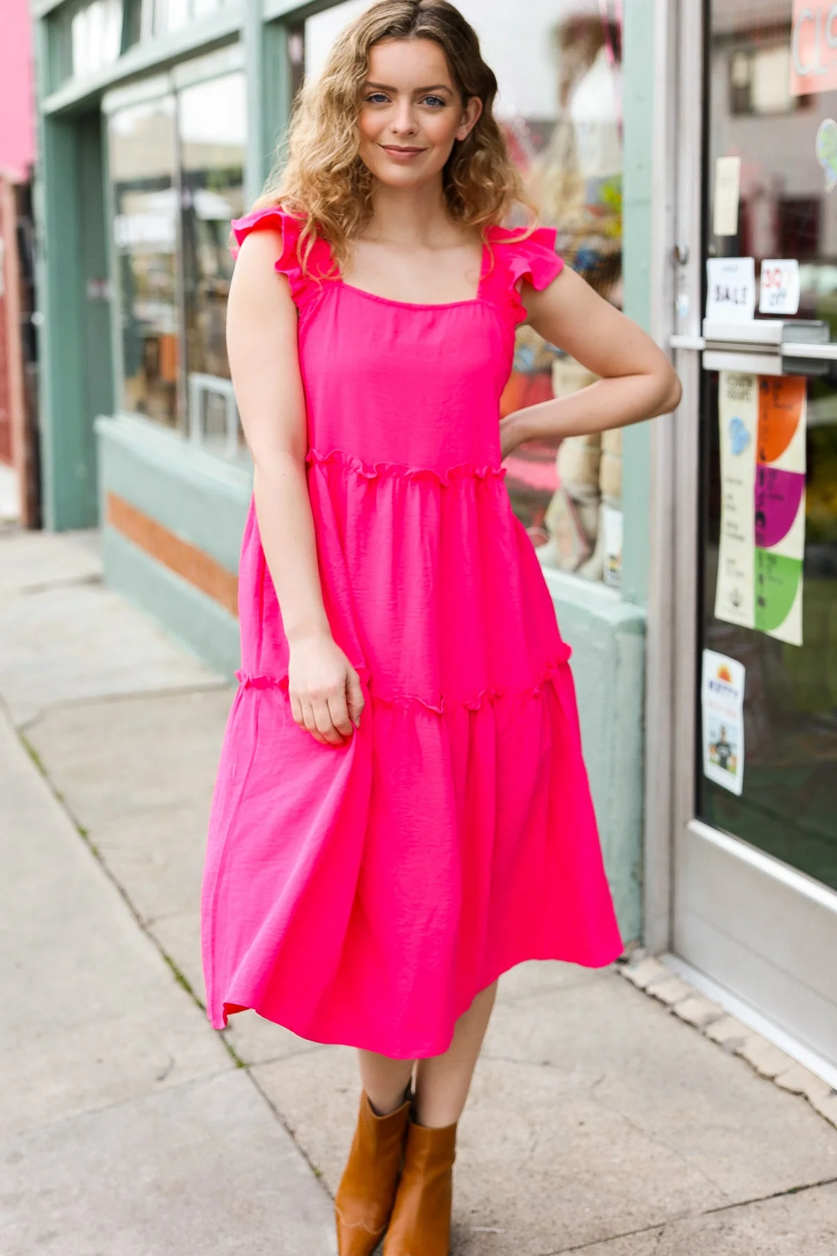 Lots To Love Fuchsia Smocked Flutter Sleeve Tiered Midi Dress (Open Pack) - Image 18