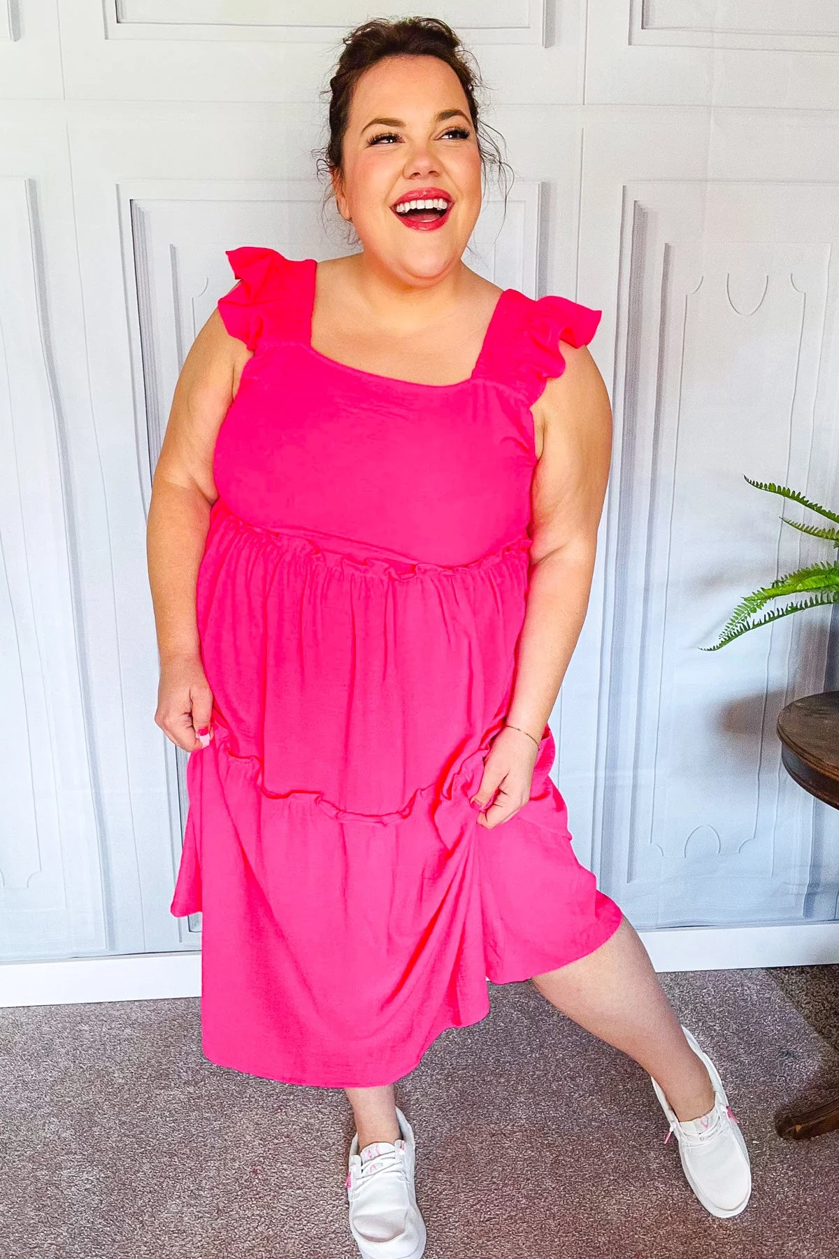 Lots To Love Fuchsia Smocked Flutter Sleeve Tiered Midi Dress (Open Pack) - Image 4