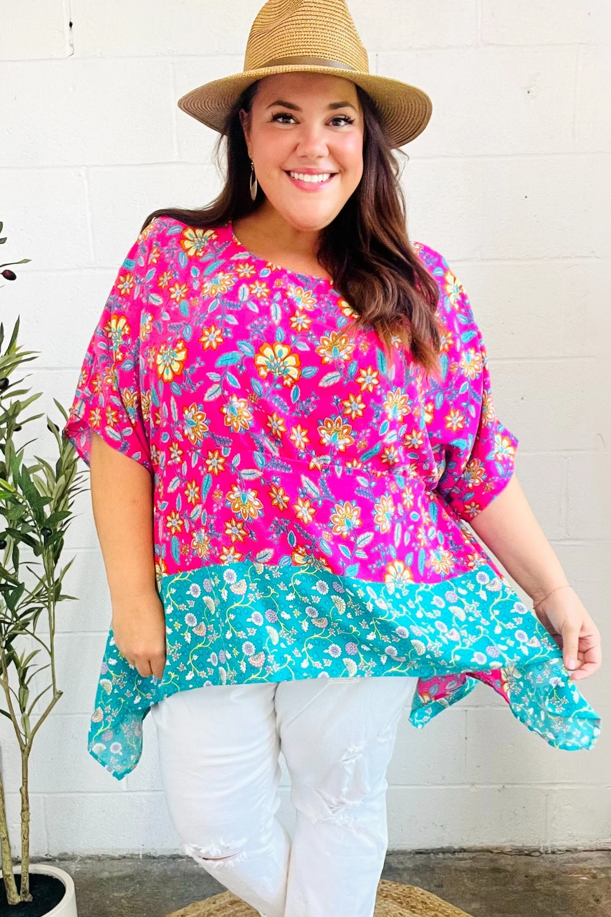 Vacay Ready Fuchsia Paisley Floral Dolman Sleeve Shark Bite Top (Open Pack) - Image 3