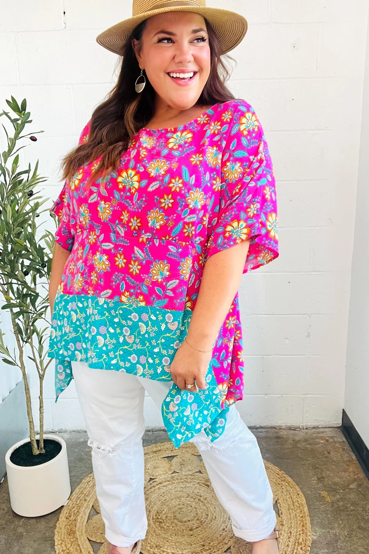 Vacay Ready Fuchsia Paisley Floral Dolman Sleeve Shark Bite Top (Open Pack) - Image 4