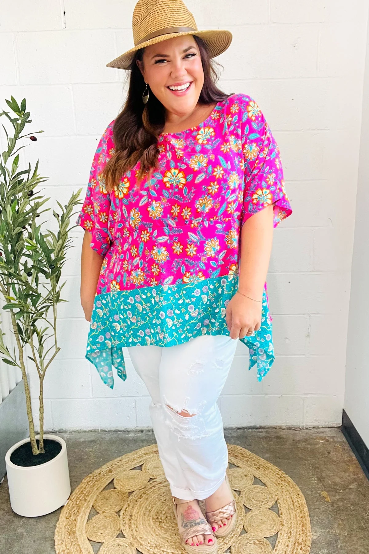 Vacay Ready Fuchsia Paisley Floral Dolman Sleeve Shark Bite Top (Open Pack) - Image 7