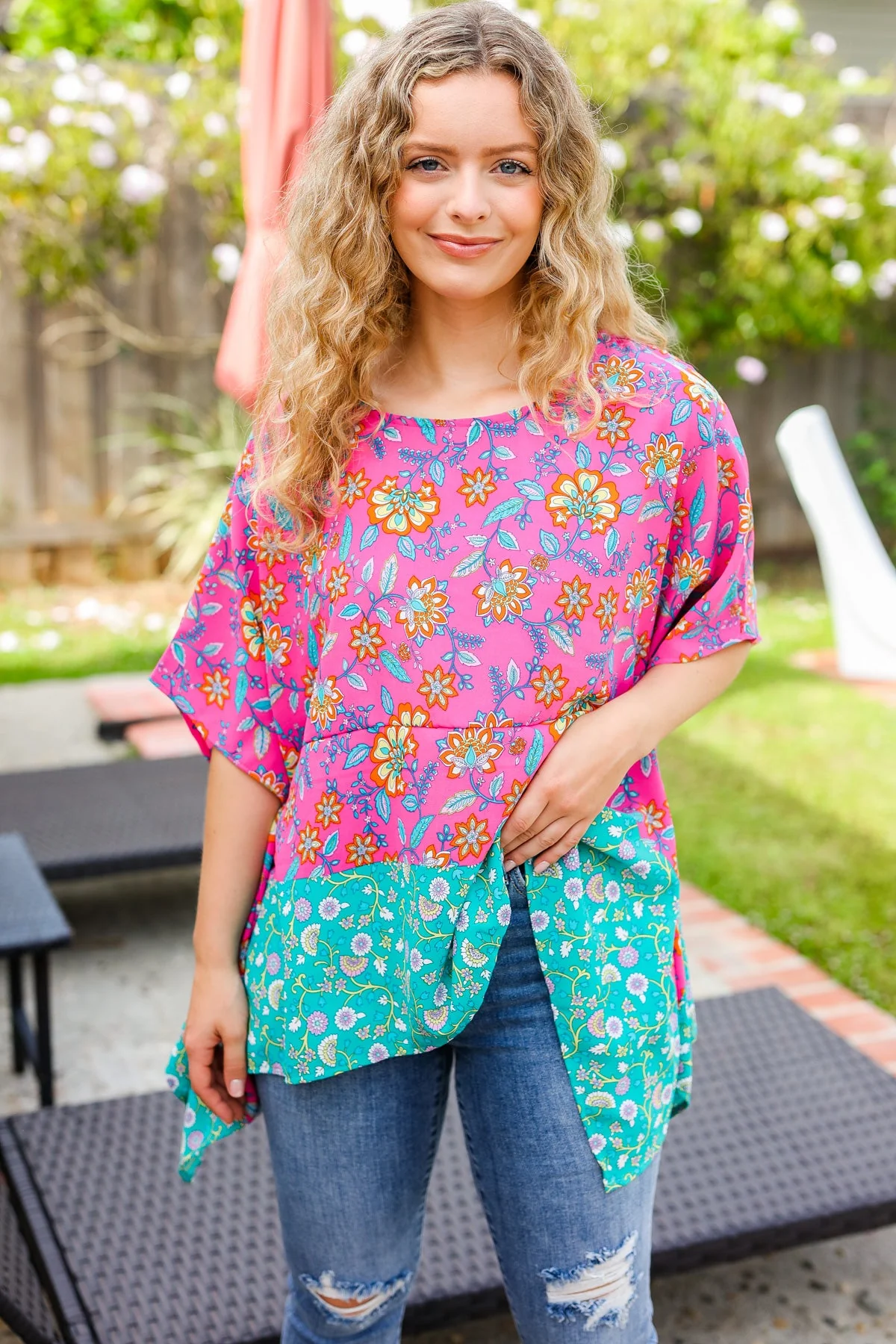 Vacay Ready Fuchsia Paisley Floral Dolman Sleeve Shark Bite Top (Open Pack) - Image 9