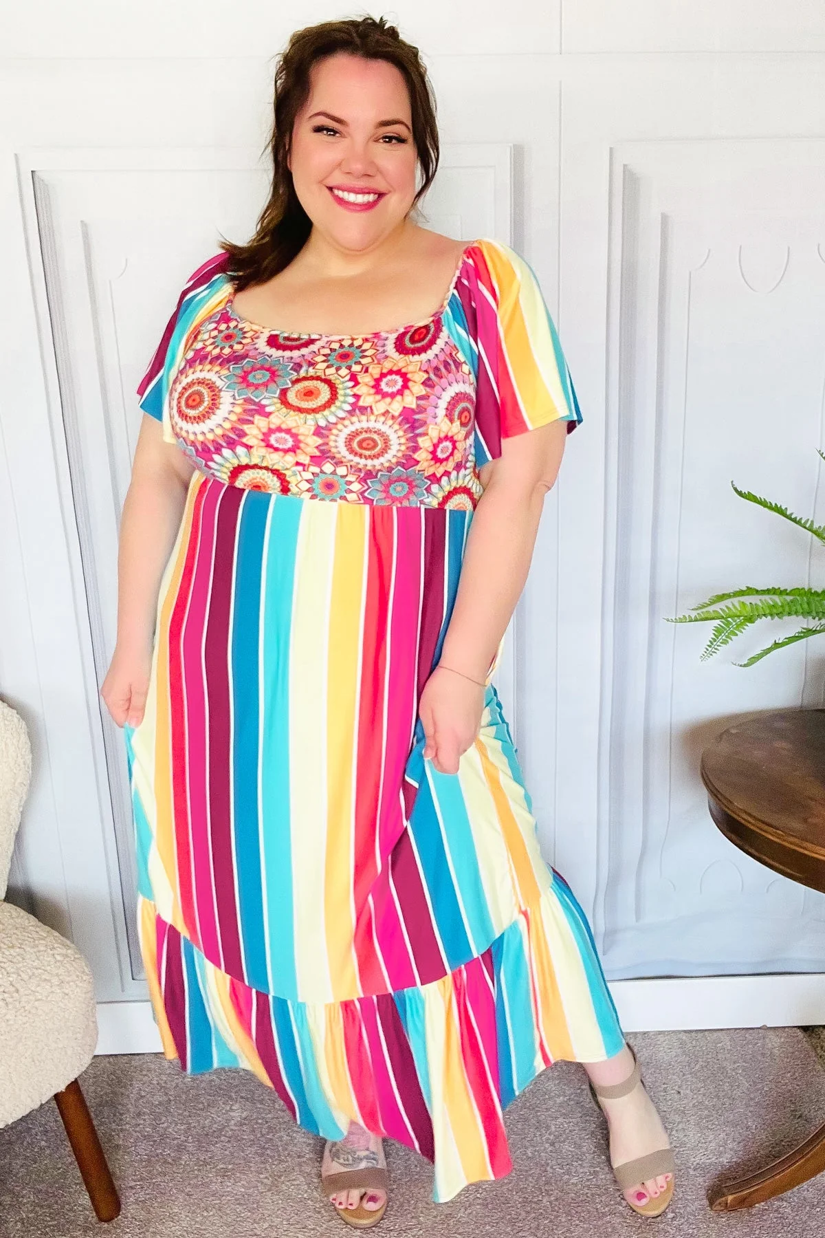 Feeling Bold Fuchsia & Teal Striped Medallion Crochet Print Dress (Open Pack) - Image 9