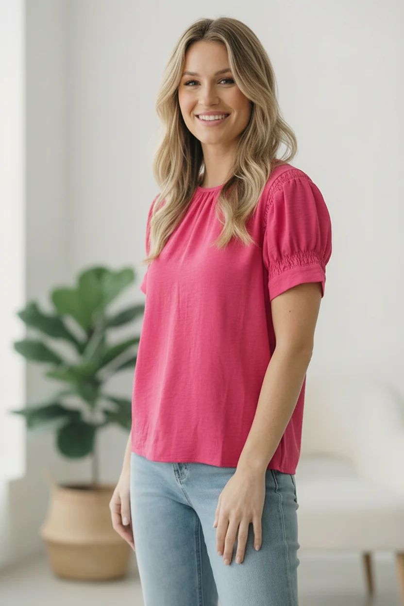 Fuchsia Woven Sleeve Design Top - Image 2