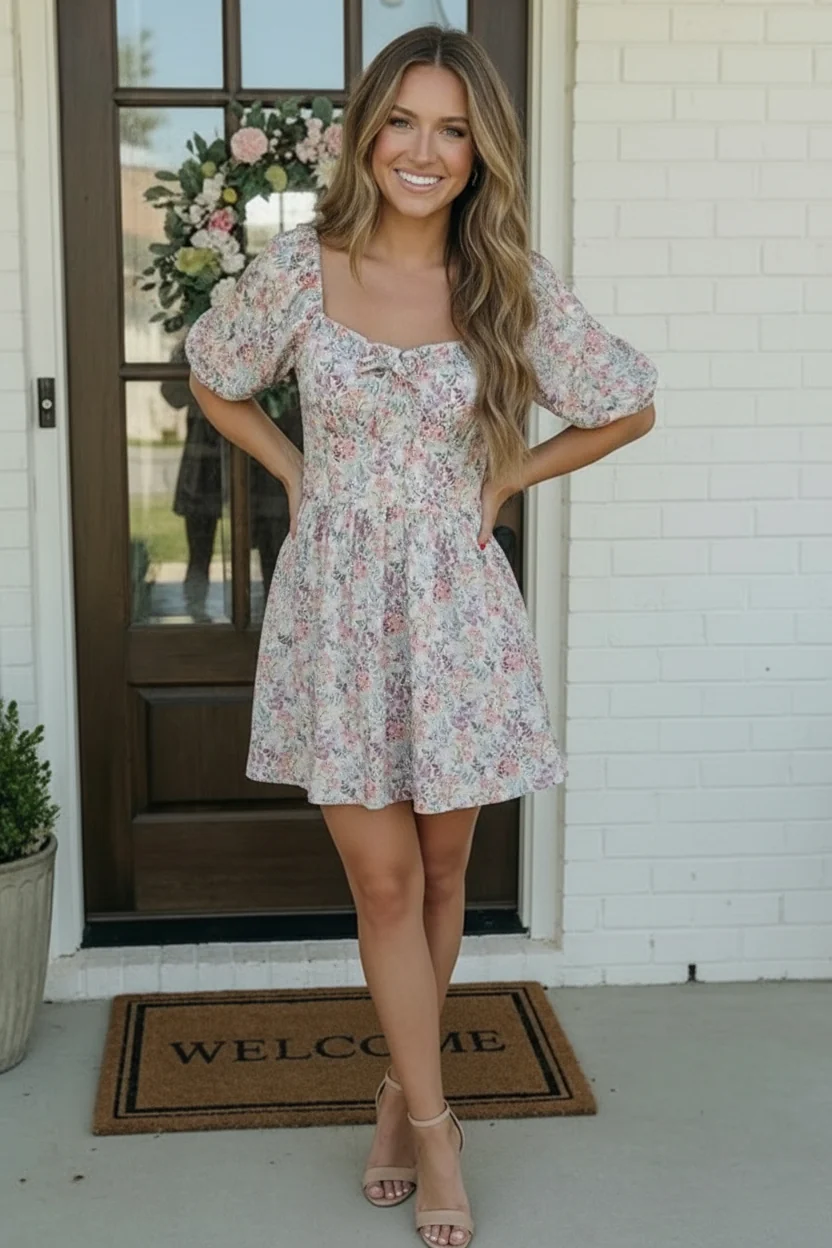 Garden Party Dreams Floral Puff Sleeve Mini Dress (Open Pack)