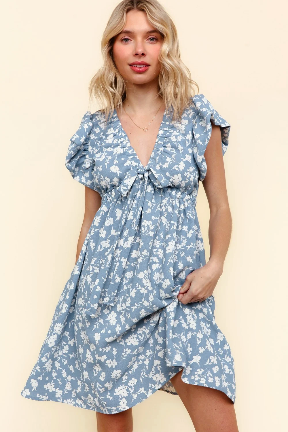 GATHERED BAND V NECK BABYDOLL FLORAL WOVEN DRESS