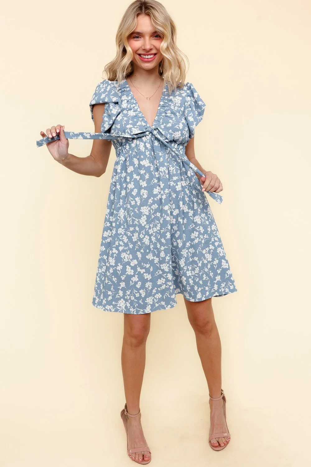 GATHERED BAND V NECK BABYDOLL FLORAL WOVEN DRESS - Image 5