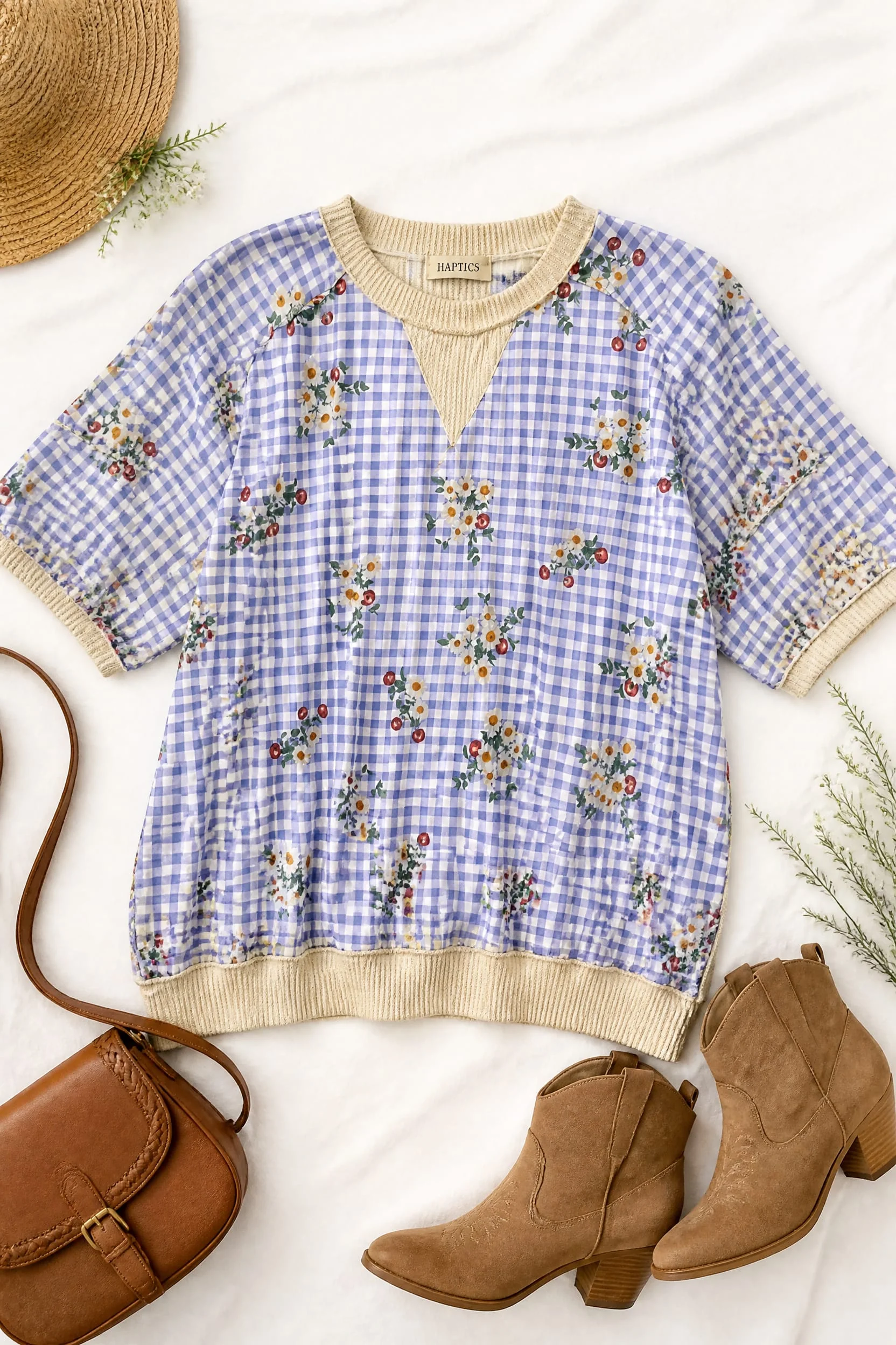 Gingham Floral Print Short Sleeve Sweatshirt Top