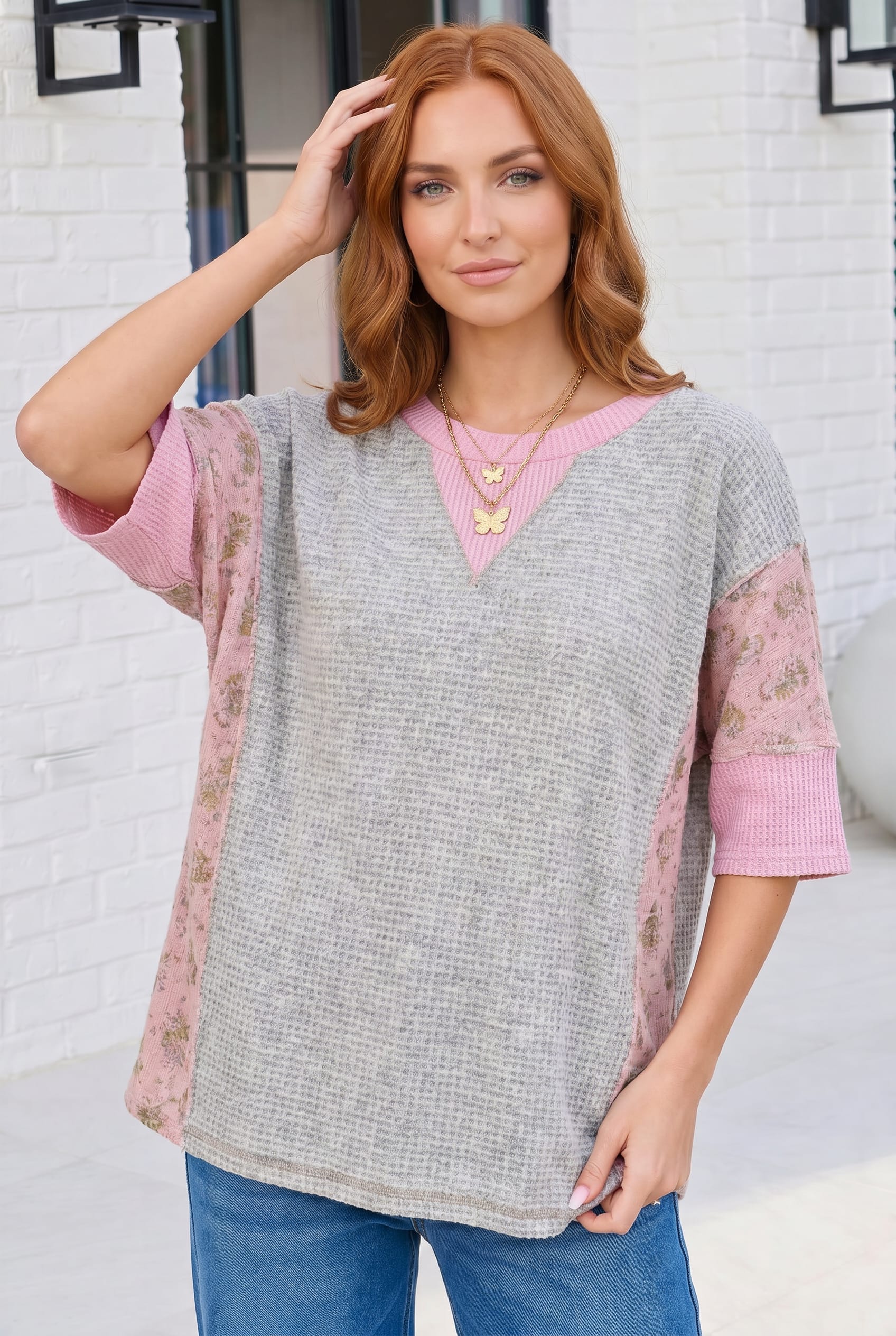 Gray Waffle Knit Mixed Media Floral Top - Image 3