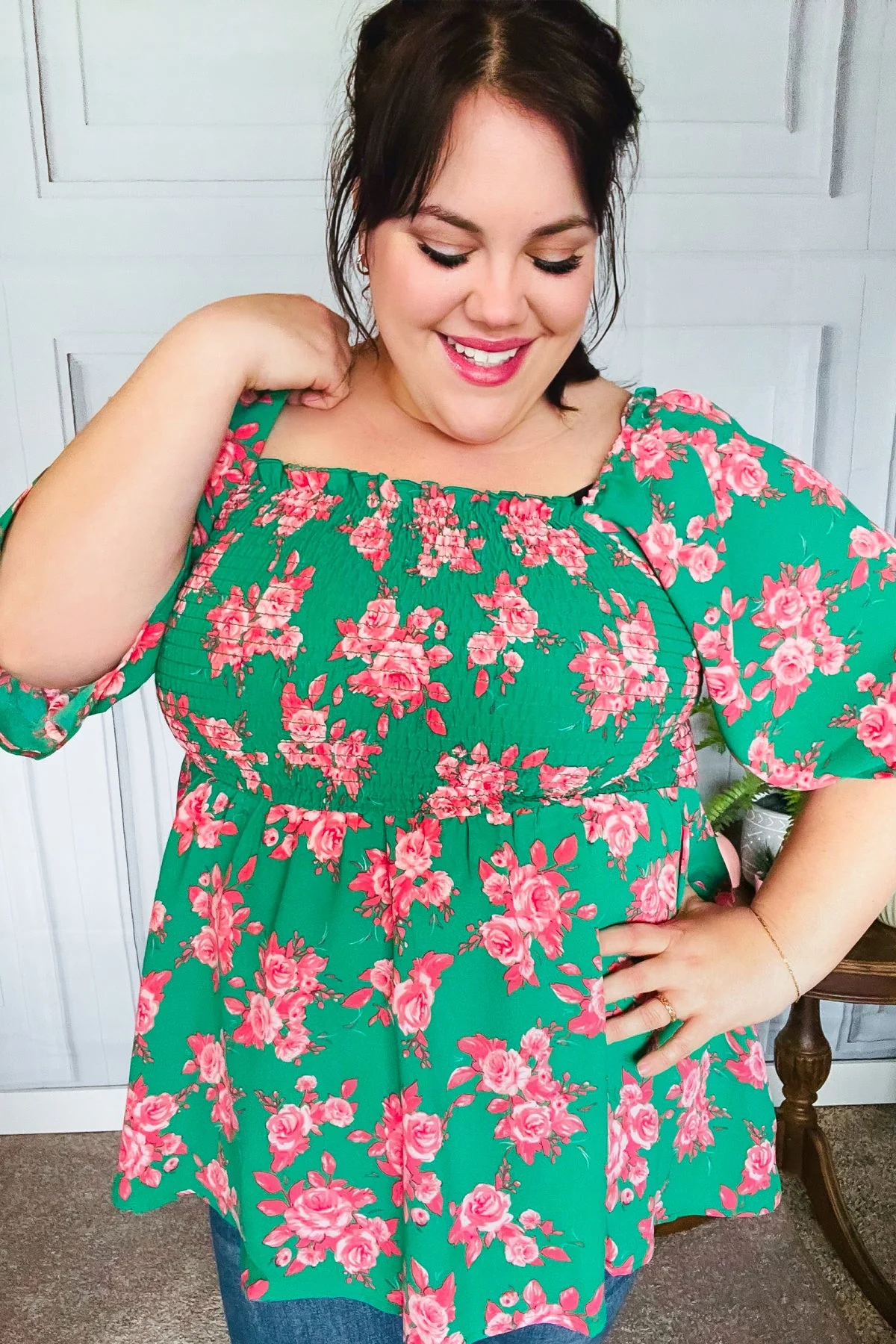 Sumptuous In Smocked Green & Coral Flower Print Babydoll Top (Open Pack) - Image 15