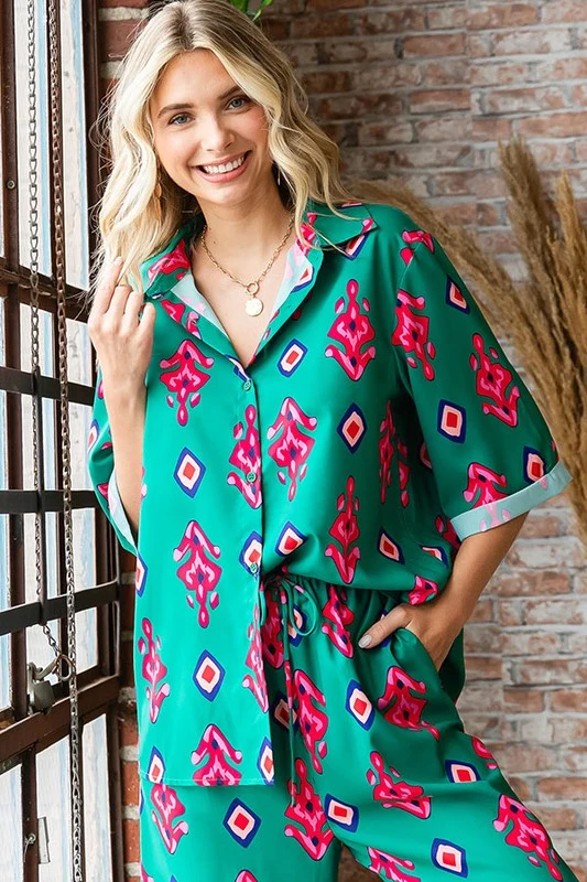 GREEN ETHNIC PRINT RELAXED FIT BUTTON DOWN WOVEN SHIRT - Image 3