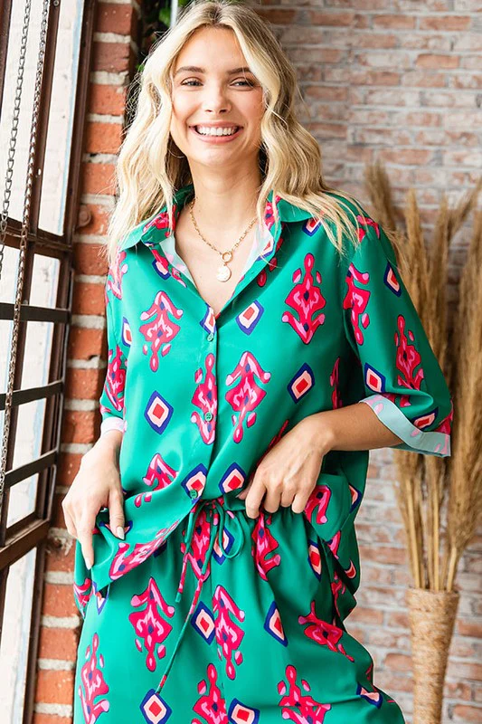 GREEN ETHNIC PRINT RELAXED FIT BUTTON DOWN WOVEN SHIRT - Image 4