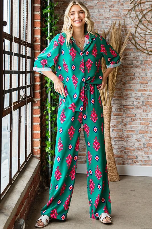 GREEN ETHNIC PRINT RELAXED FIT BUTTON DOWN WOVEN SHIRT - Image 5