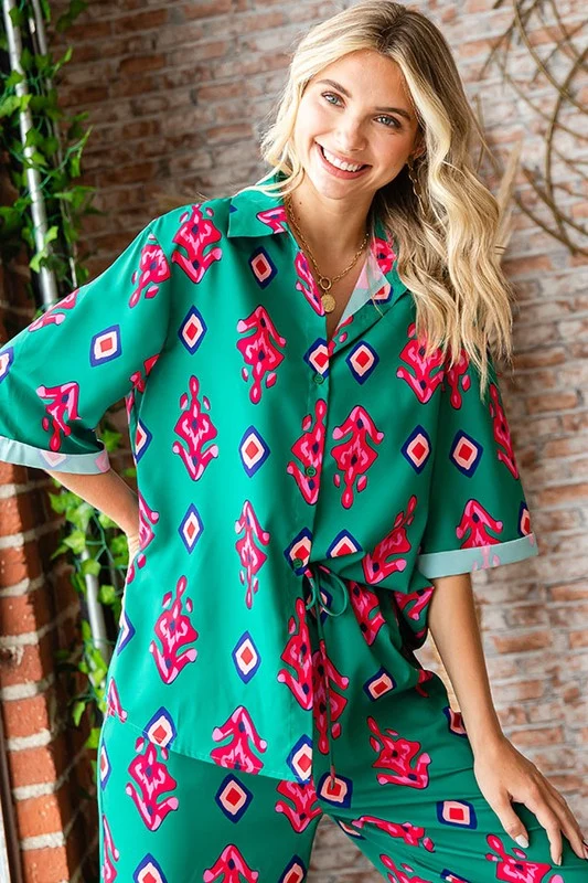 GREEN ETHNIC PRINT RELAXED FIT BUTTON DOWN WOVEN SHIRT - Image 6