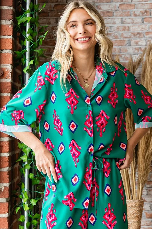 GREEN ETHNIC PRINT RELAXED FIT BUTTON DOWN WOVEN SHIRT - Image 7