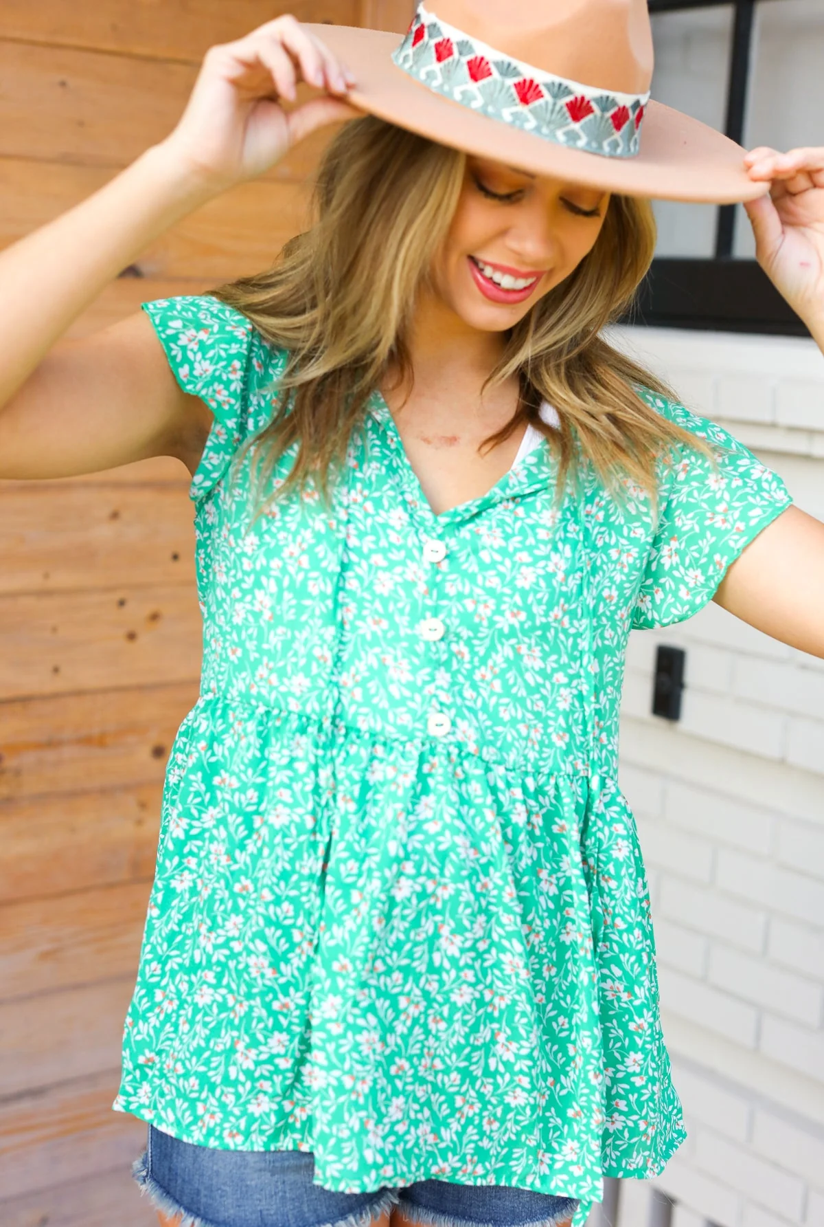 Green Floral Button Tie Neck Babydoll Top (Open Pack) - Image 6