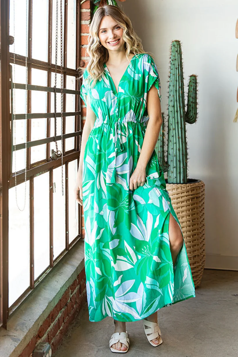 GREEN FLORAL PRINT MAXI DRESS FEATURING V NECKLINE, BUTTON CLOSURE BODICE - Image 3
