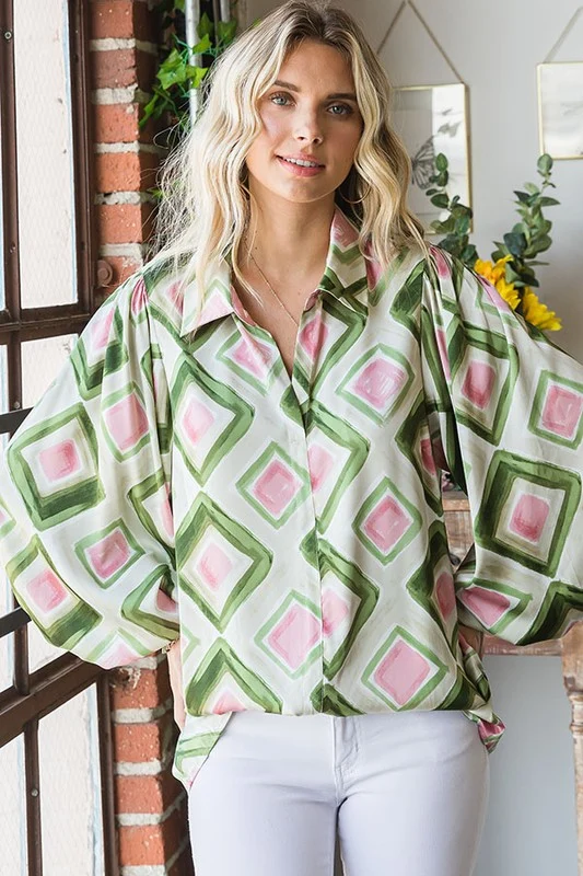 GREEN GEO PATTERN WOVEN BLOUSE
