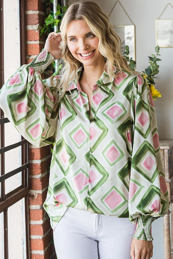 GREEN GEO PATTERN WOVEN BLOUSE - Image 2