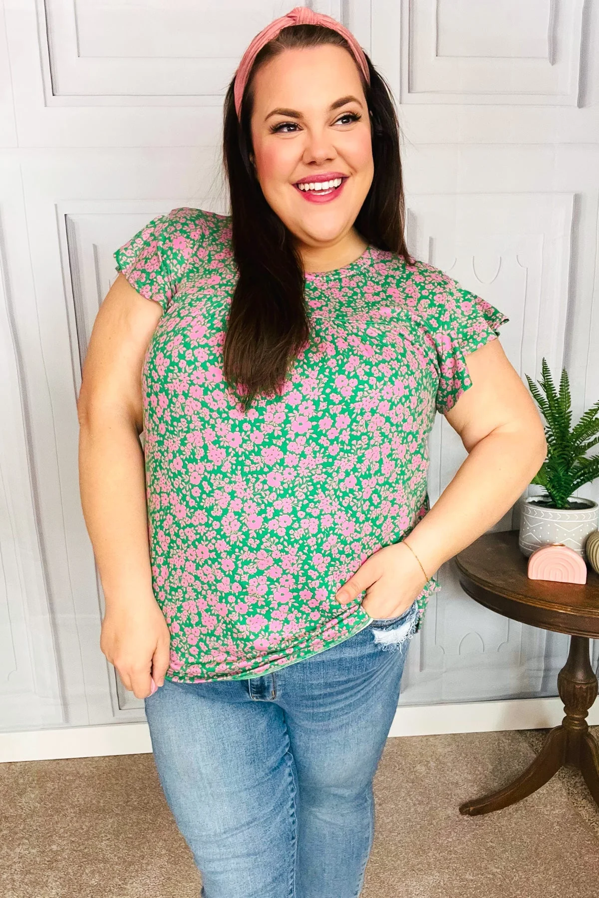 Dreamy Green & Pink Floral Yoke Ruffle Short Sleeve Top (Open Pack) - Image 10