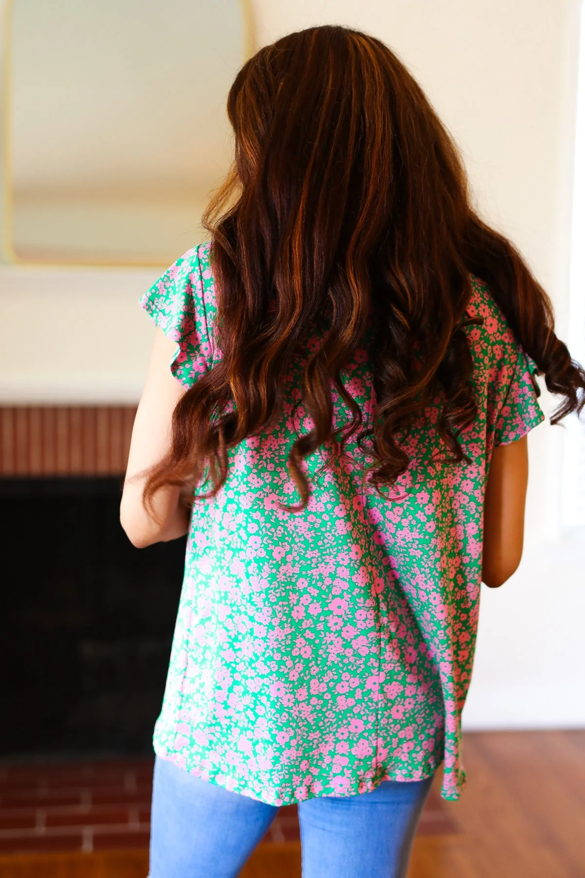 Dreamy Green & Pink Floral Yoke Ruffle Short Sleeve Top (Open Pack) - Image 11