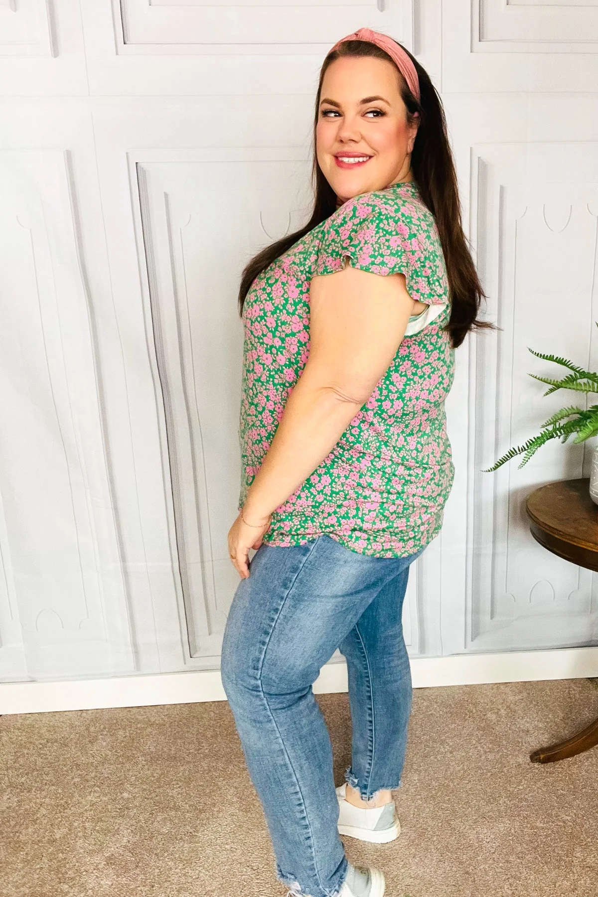 Dreamy Green & Pink Floral Yoke Ruffle Short Sleeve Top (Open Pack) - Image 3
