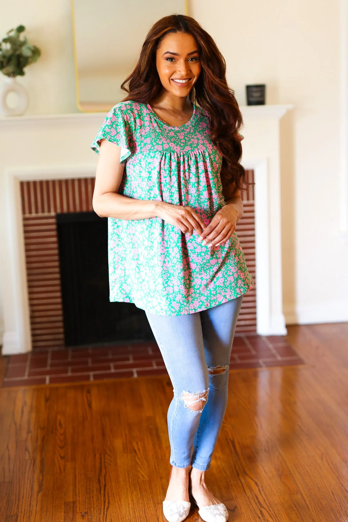 Dreamy Green & Pink Floral Yoke Ruffle Short Sleeve Top (Open Pack) - Image 5