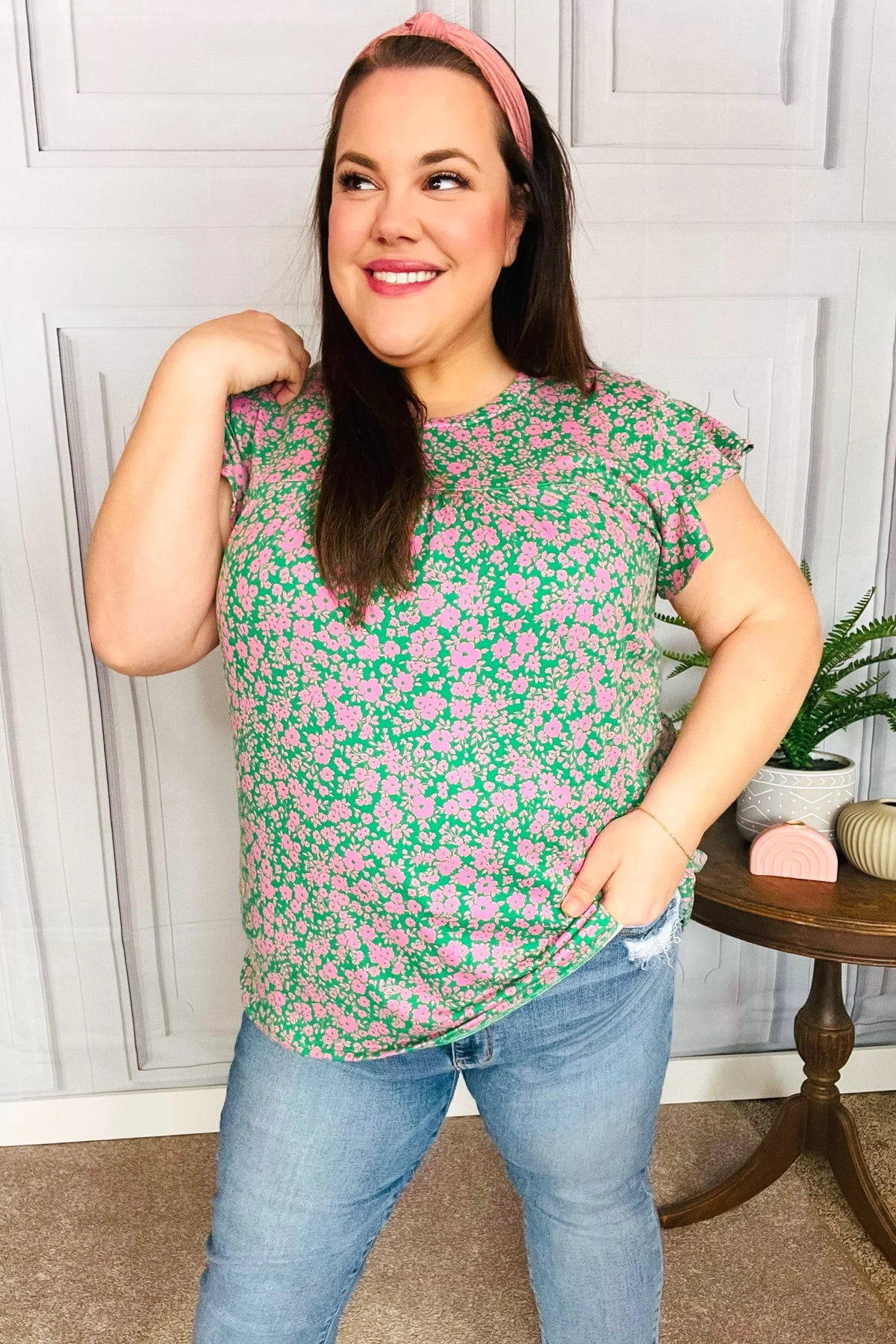 Dreamy Green & Pink Floral Yoke Ruffle Short Sleeve Top (Open Pack) - Image 8