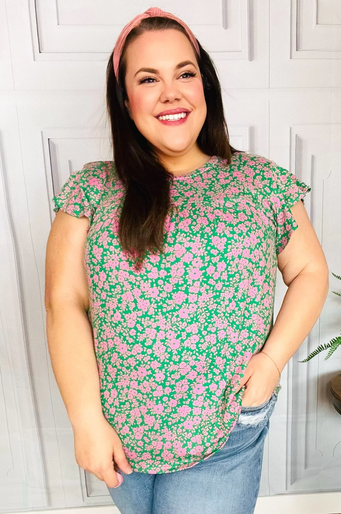 Dreamy Green & Pink Floral Yoke Ruffle Short Sleeve Top (Open Pack) - Image 9