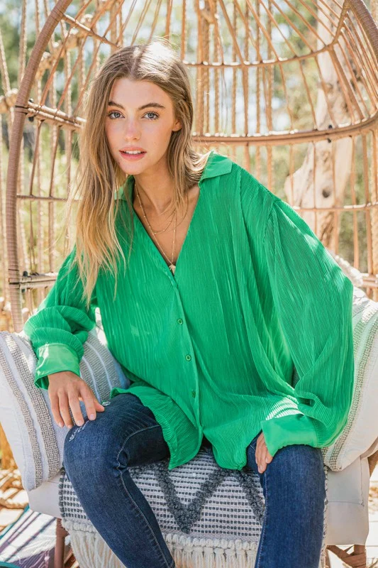 Green Rib Pleated Design Silky Button Down Blouse - Image 2