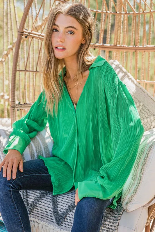 Green Rib Pleated Design Silky Button Down Blouse - Image 3