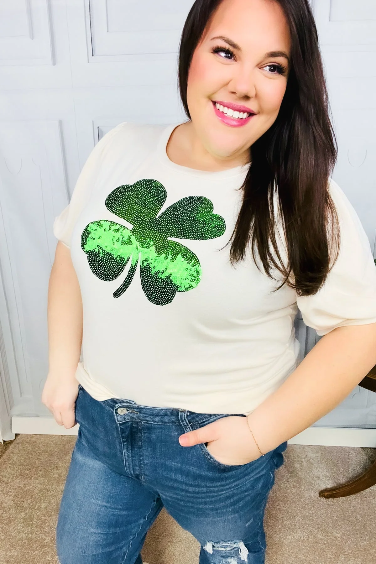 Saint Patty Sequin Clover French Terry Puff Sleeve Top (Open Pack) - Image 6