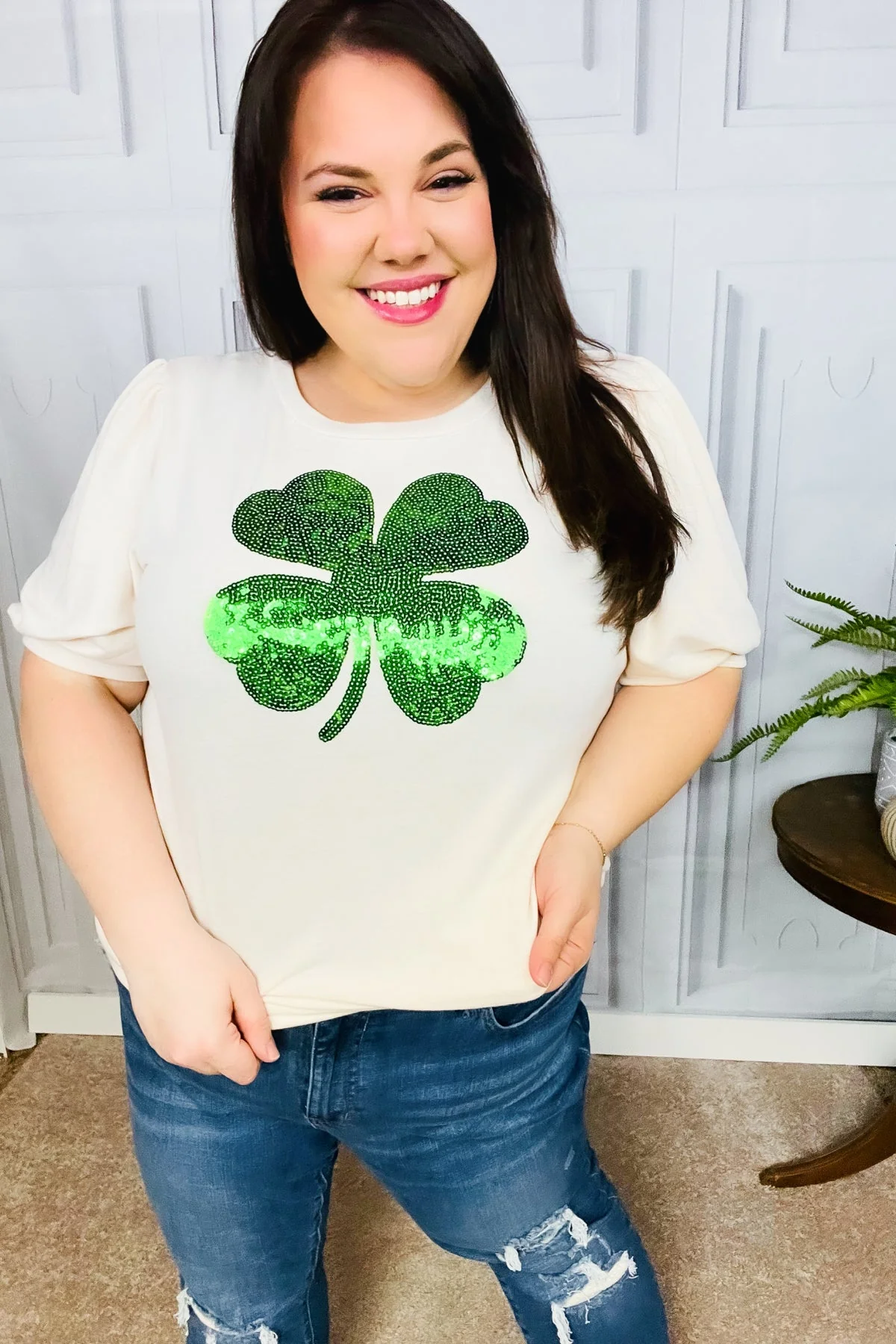 Saint Patty Sequin Clover French Terry Puff Sleeve Top (Open Pack) - Image 8