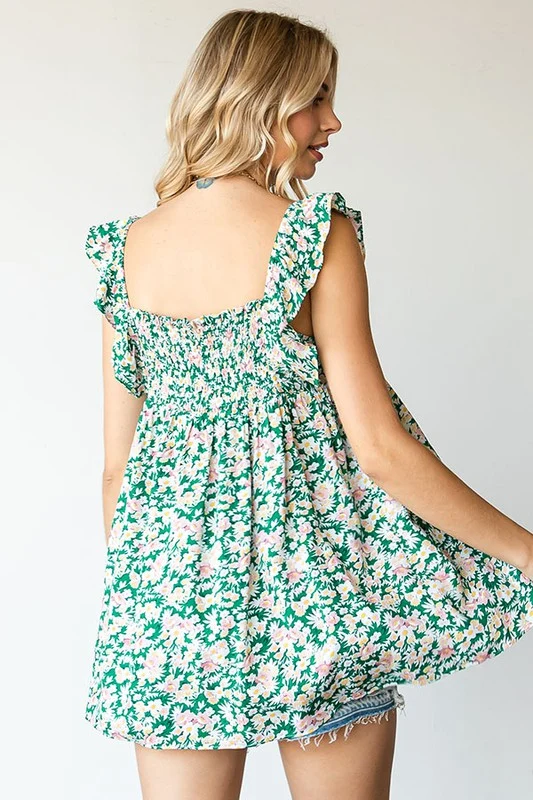 GREEN SMOCKED FLORAL PRINT TOP - Image 3
